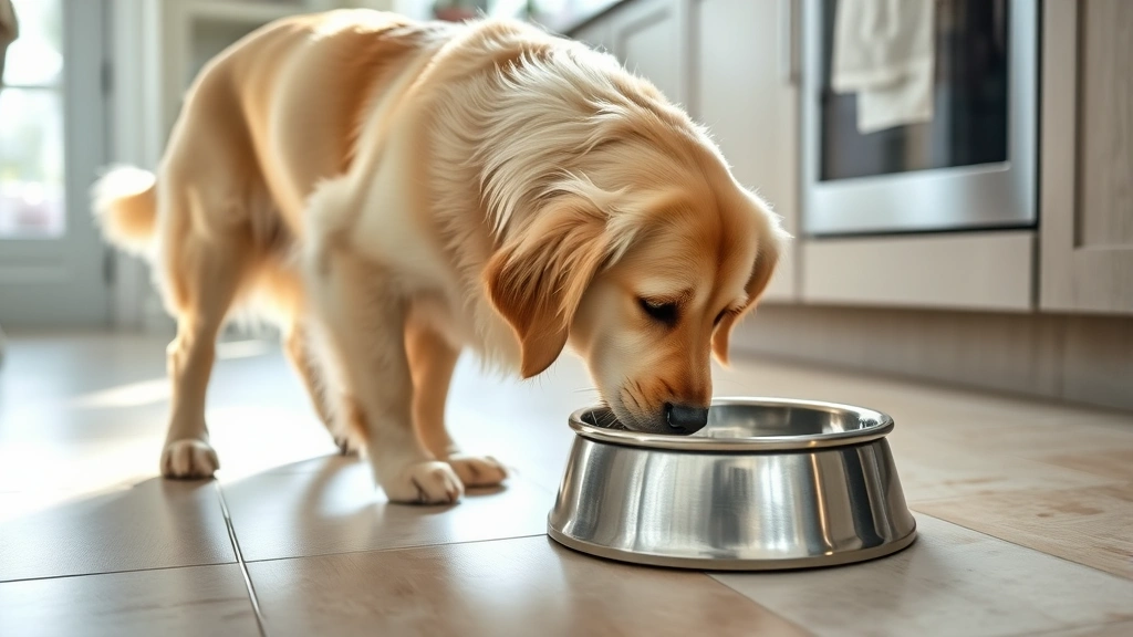 Golden retriever drinking fresh water from a stainless steel bowl on a kitchen tile floor, natural lighting from window