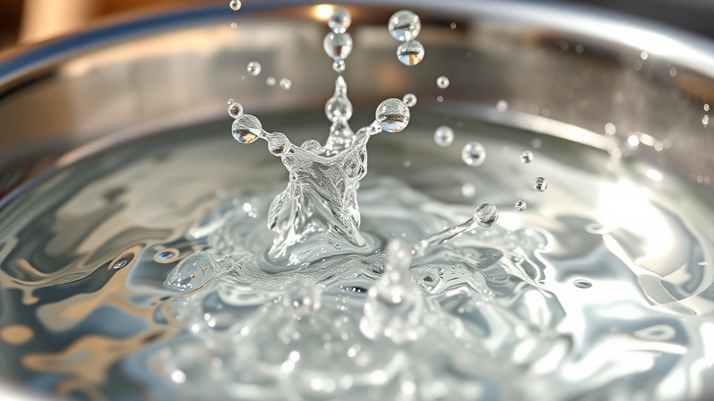 Close-up of water droplets splashing in a dog's metal water bowl, clean and clear, warm natural daylight
