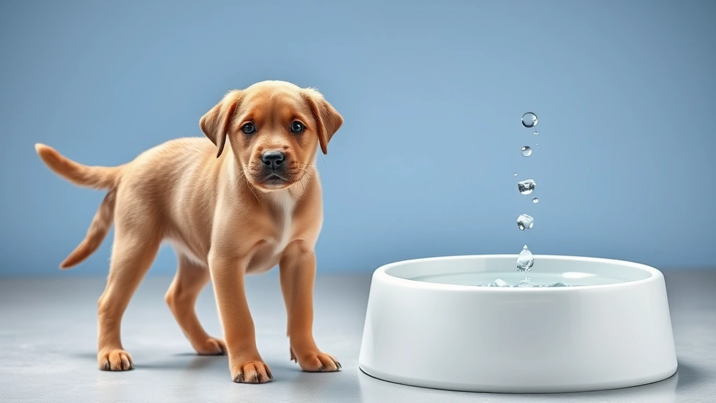 Labrador puppy standing next to water bowl with various water options represented, bright and healthy appearance