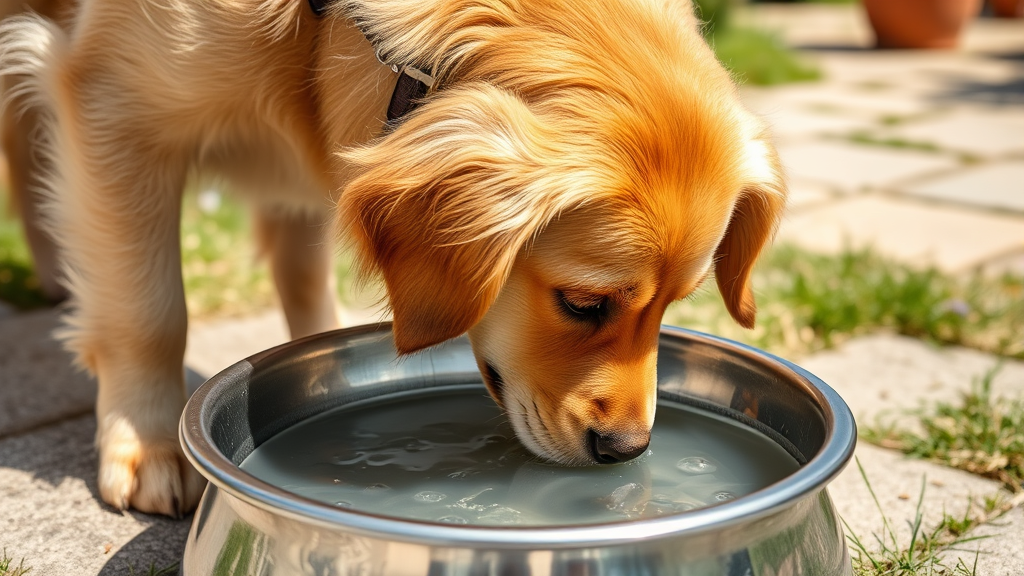 Golden retriever drinking fresh water from stainless steel bowl outdoors on sunny day, no text no words no letters