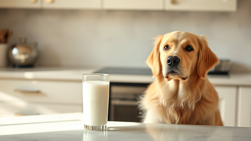 Golden retriever sitting next to glass of milk on kitchen counter, natural lighting, warm domestic setting, no text no words no letters