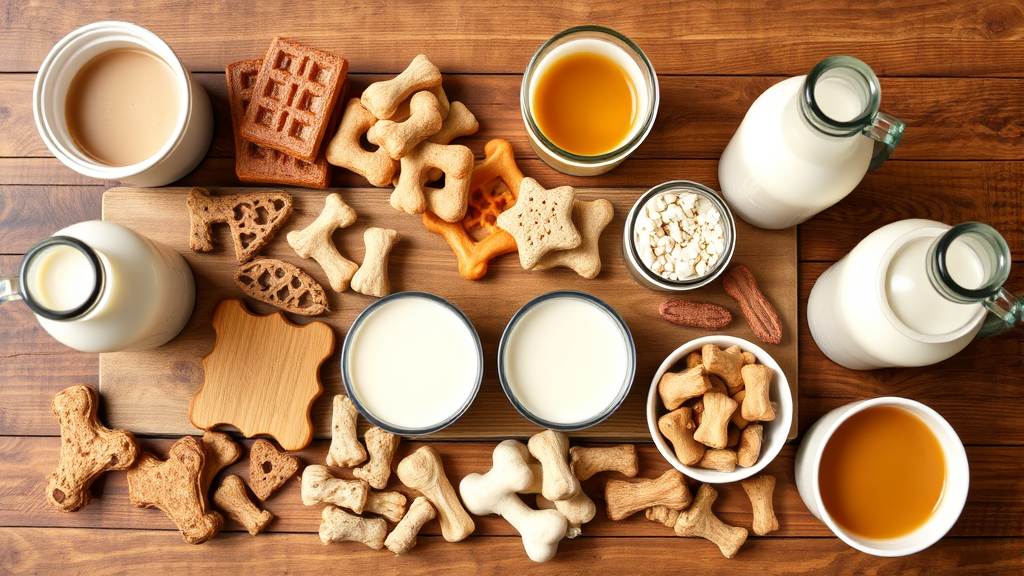 Various milk alternatives and dog treats arranged on wooden table, bone broth, water bowls, healthy options, no text no words no letters