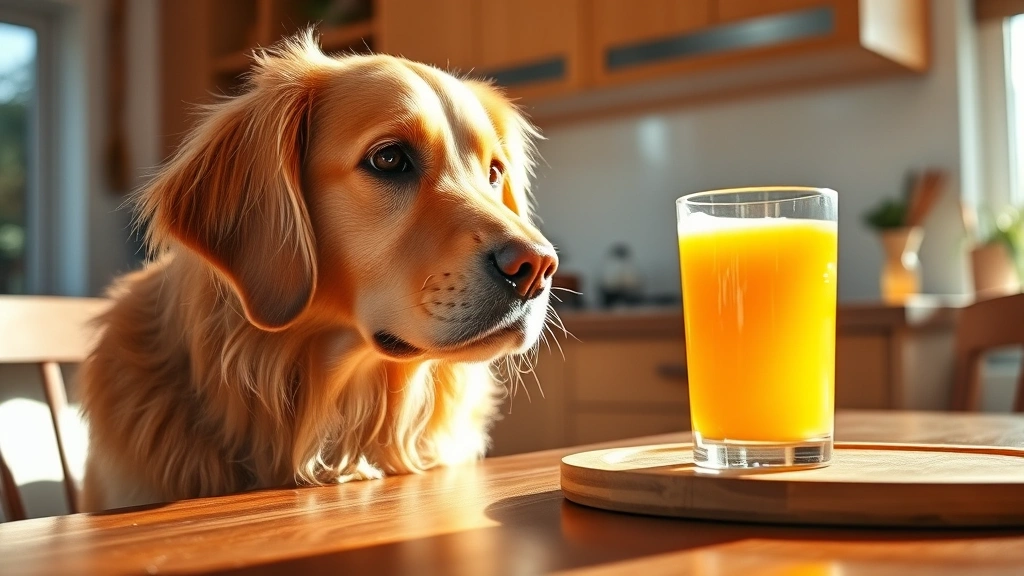Golden retriever looking at a glass of orange juice on a kitchen table, curious expression, bright morning sunlight