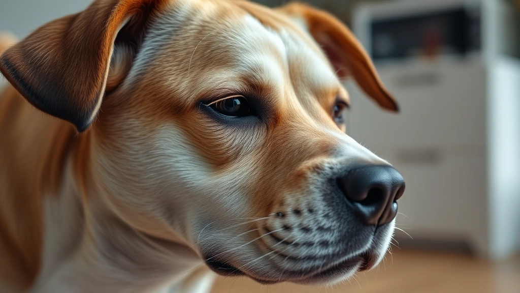 Close-up of a dog's face showing mild discomfort or nausea, side profile, soft indoor lighting, concerned expression