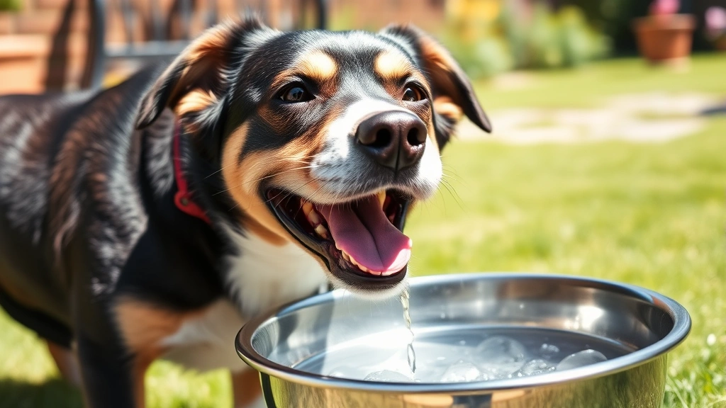 Happy dog drinking fresh water from a stainless steel bowl, outdoor garden setting, sunny day, satisfied expression
