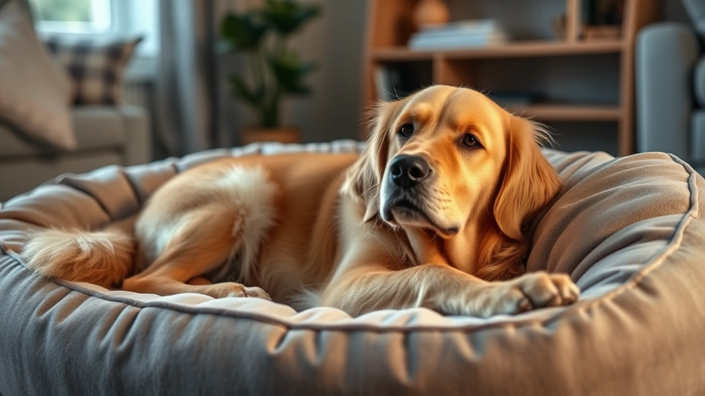 Golden retriever lying on comfortable dog bed with soft lighting, looking relaxed and peaceful, indoor home setting