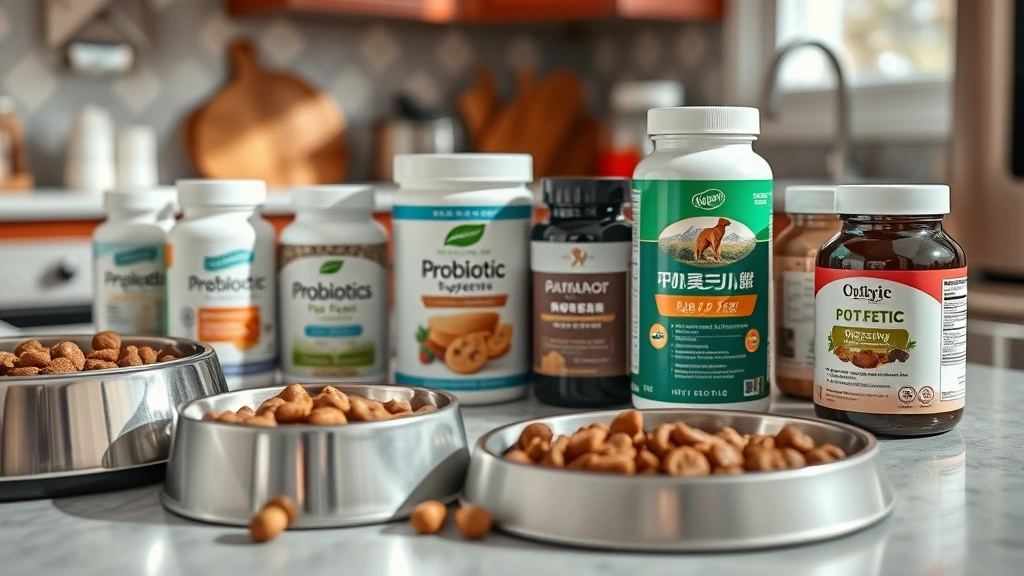Close-up of various dog food bowls and supplements on a kitchen counter, including probiotics and digestive supplements, natural daylight