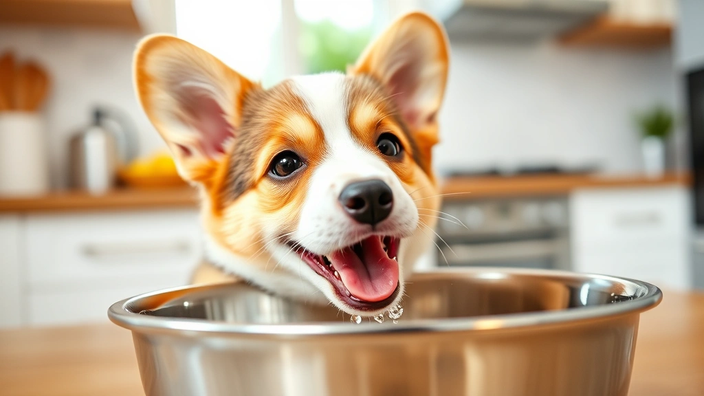 Adorable corgi puppy drinking fresh water from a stainless steel bowl in a bright, clean kitchen, happy expression, water droplets visible around mouth