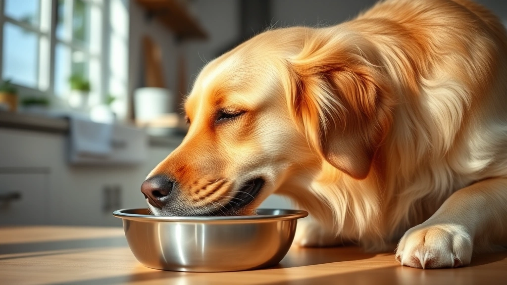 Golden retriever happily drinking fresh water from a metal bowl in a bright kitchen, natural lighting, close-up of dog's face