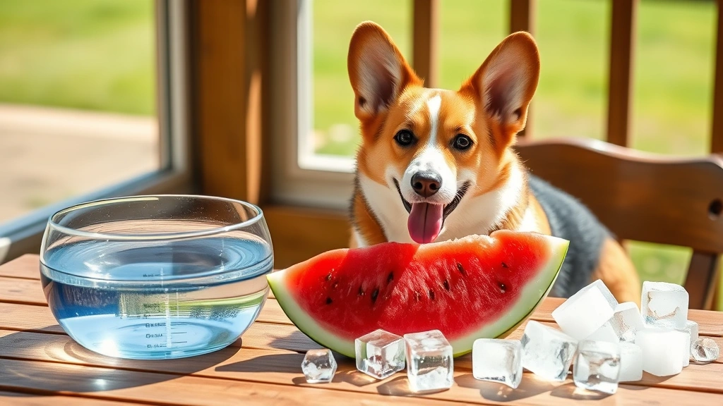 Corgi sitting next to various hydration options including water bowl, watermelon slice, and ice cubes on wooden table, sunlit