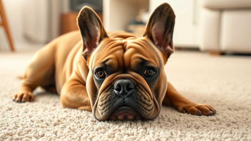 French bulldog looking uncomfortable with puffed stomach lying on soft carpet, concerned expression, indoor home setting