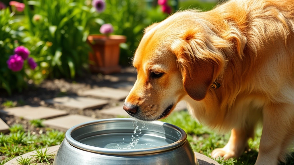 Golden retriever happily drinking fresh water from bowl outdoors sunny garden