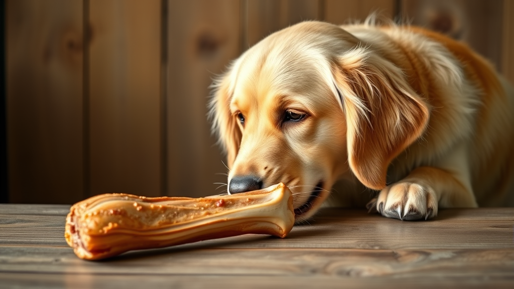 Golden retriever looking at pork bone on wooden table, natural lighting, no text no words no letters