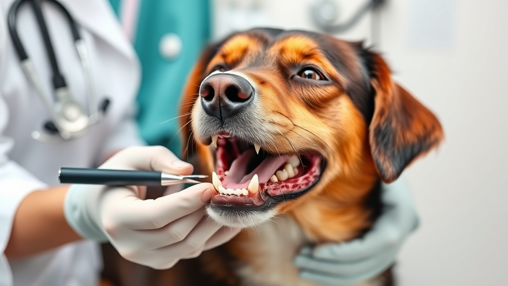 Veterinarian examining dog mouth and teeth during checkup, clinical setting, no text no words no letters