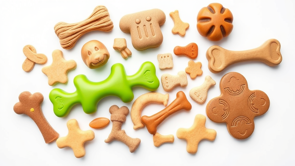 Various safe dog chew toys and treats arranged on white background, no text no words no letters