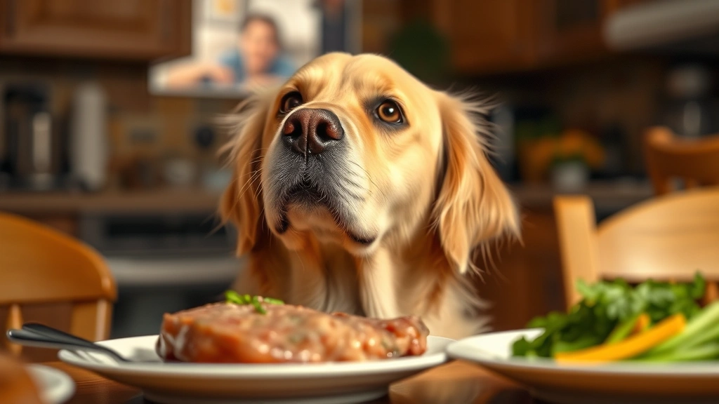 Golden Retriever looking up at dinner table with pork chops, curious expression, warm kitchen lighting, photorealistic