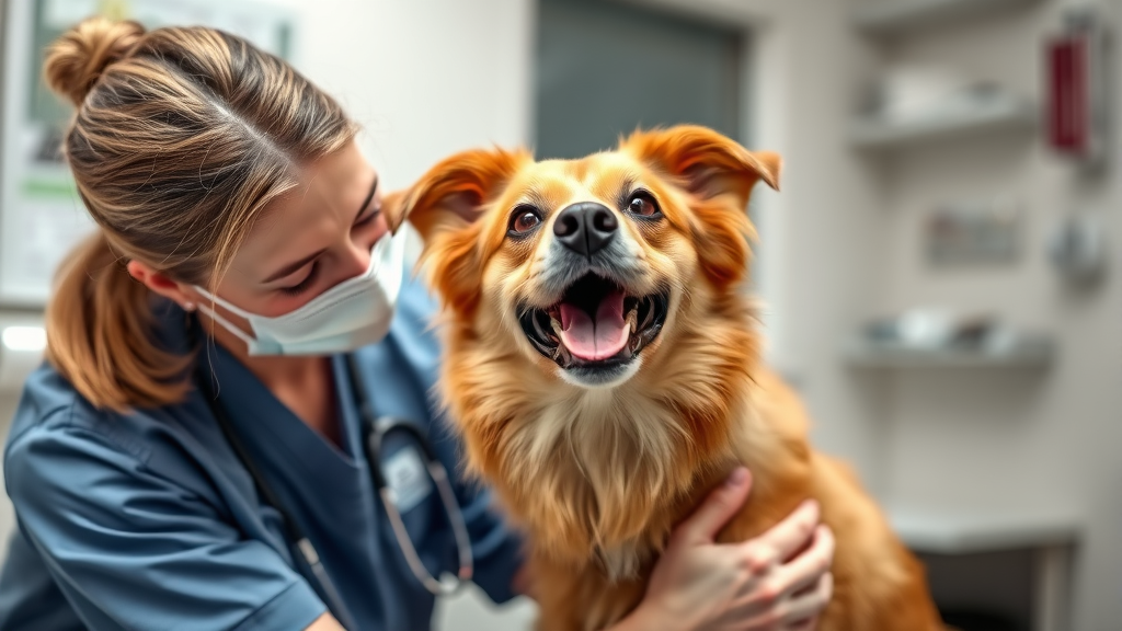 Veterinarian examining happy dog in clinic setting, professional medical environment, no text no words no letters