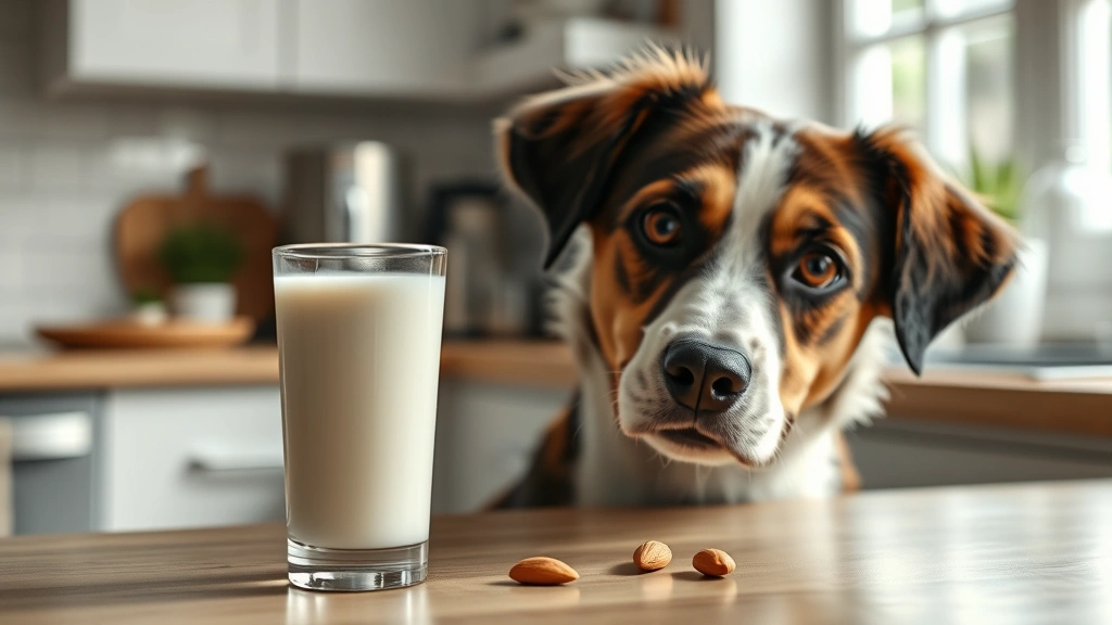 Dog looking at glass of almond milk on kitchen table, curious expression, natural lighting, photorealistic