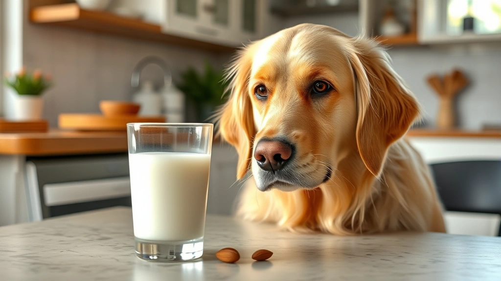 Golden retriever looking at a glass of almond milk on kitchen table, curious expression, natural lighting