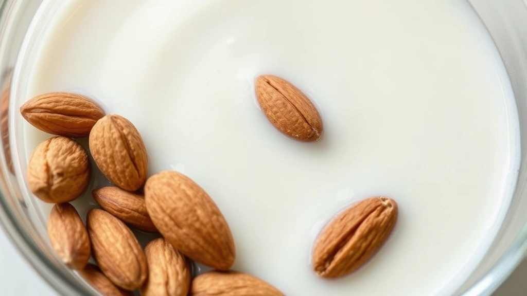 Close-up of almonds and almond milk in glass bowl, fresh ingredients, soft natural light, macro photography