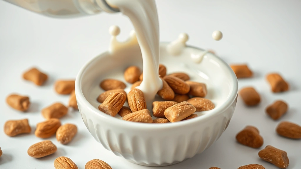 Close-up of almond milk being poured into bowl with dog treats scattered nearby, creamy white liquid splash