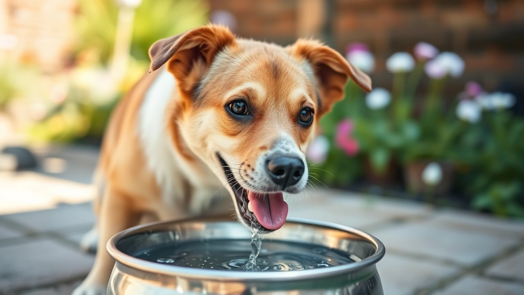 Happy healthy dog drinking fresh water from metal bowl, outdoors in garden, bright daylight, cheerful setting