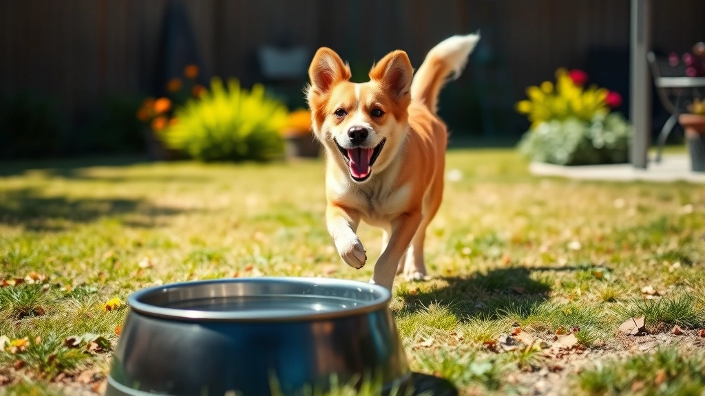 Happy healthy dog running in sunny backyard with water bowl in foreground, vibrant natural setting
