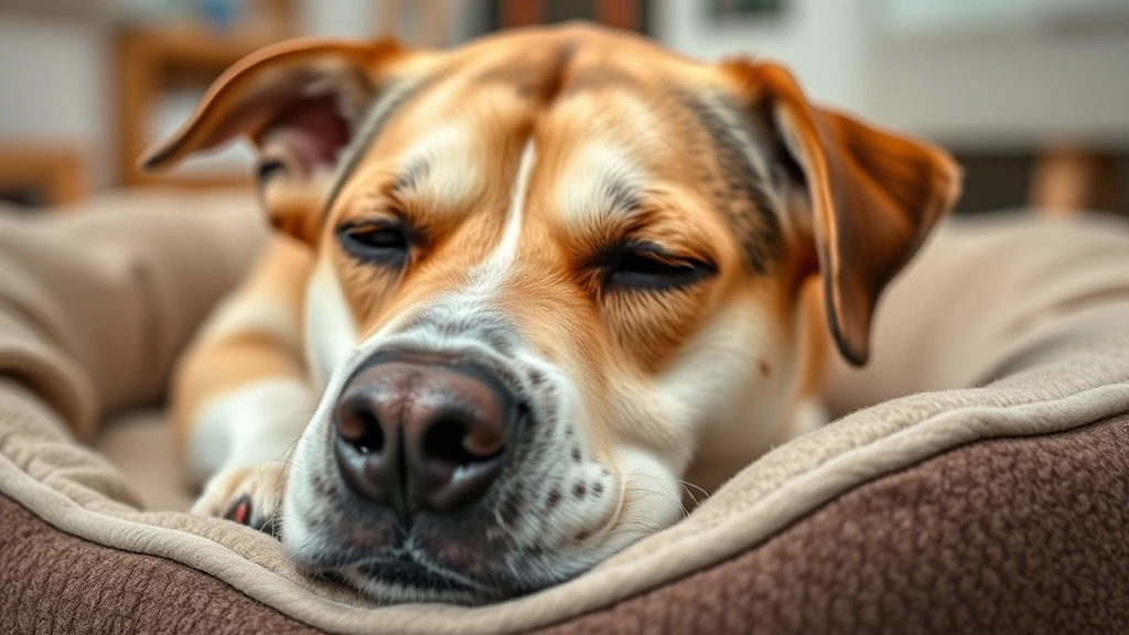 Close-up of a dog's face showing mild discomfort or concern, lying on a soft dog bed indoors