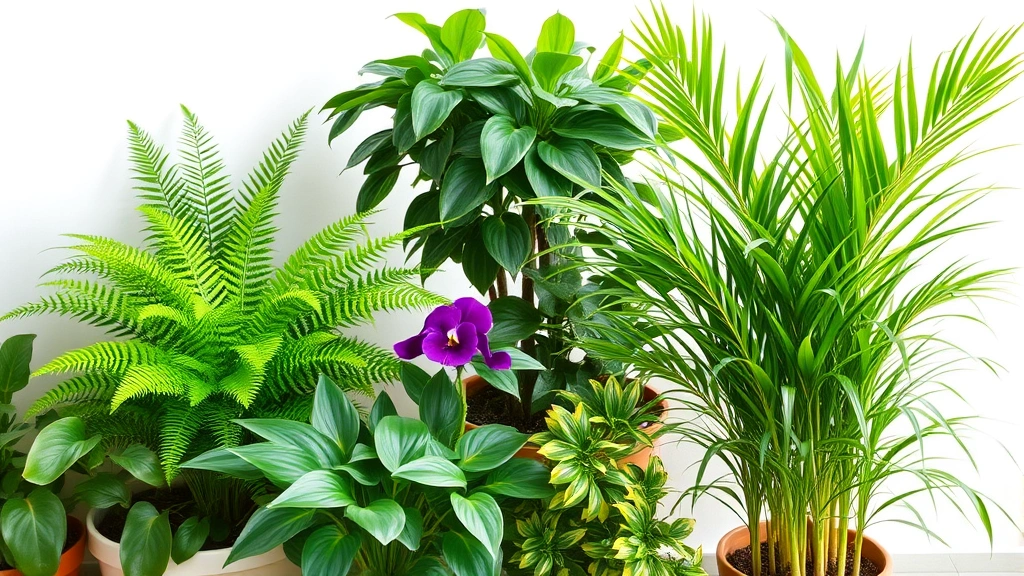 Variety of safe houseplants including Boston fern, African violet, and bamboo palm arranged together in a bright room
