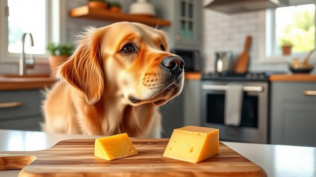 Golden retriever looking at a slice of American cheese on a wooden cutting board in a bright kitchen, photorealistic style