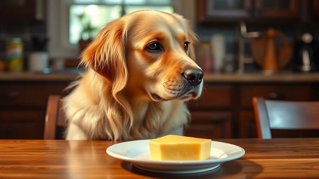 Golden retriever sitting at kitchen table looking at slice of American cheese on plate, warm kitchen lighting, focused on dog's expression