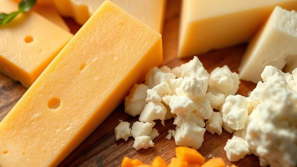 Close-up of various cheese types arranged on wooden board including American cheese slice, cheddar, mozzarella, and cottage cheese, natural lighting