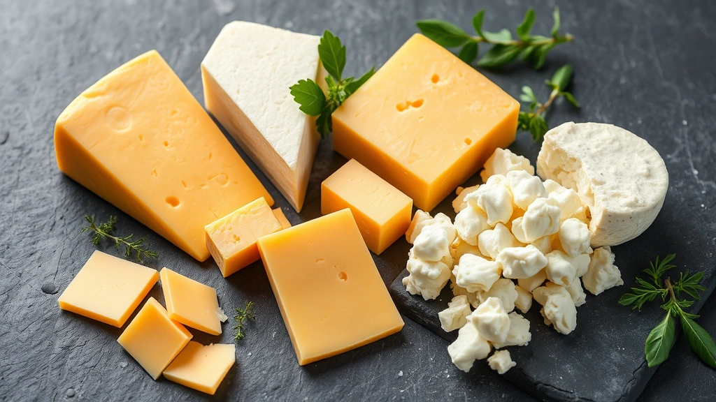 Various types of cheese arranged on a slate surface including cheddar, mozzarella, and cottage cheese, natural lighting, photorealistic