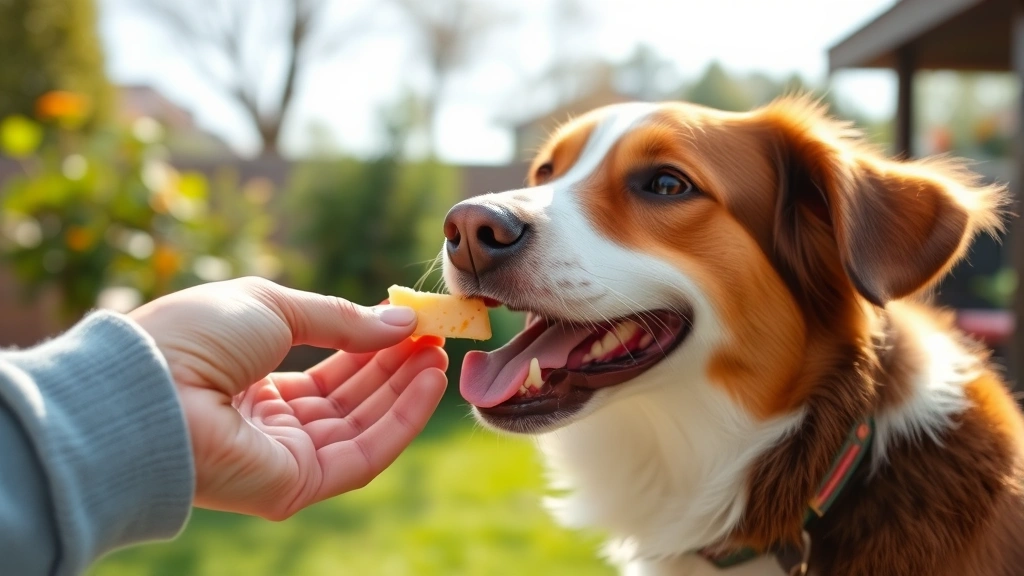 Happy brown and white dog enjoying small piece of cheese from owner's hand, outdoor garden setting, bright natural daylight
