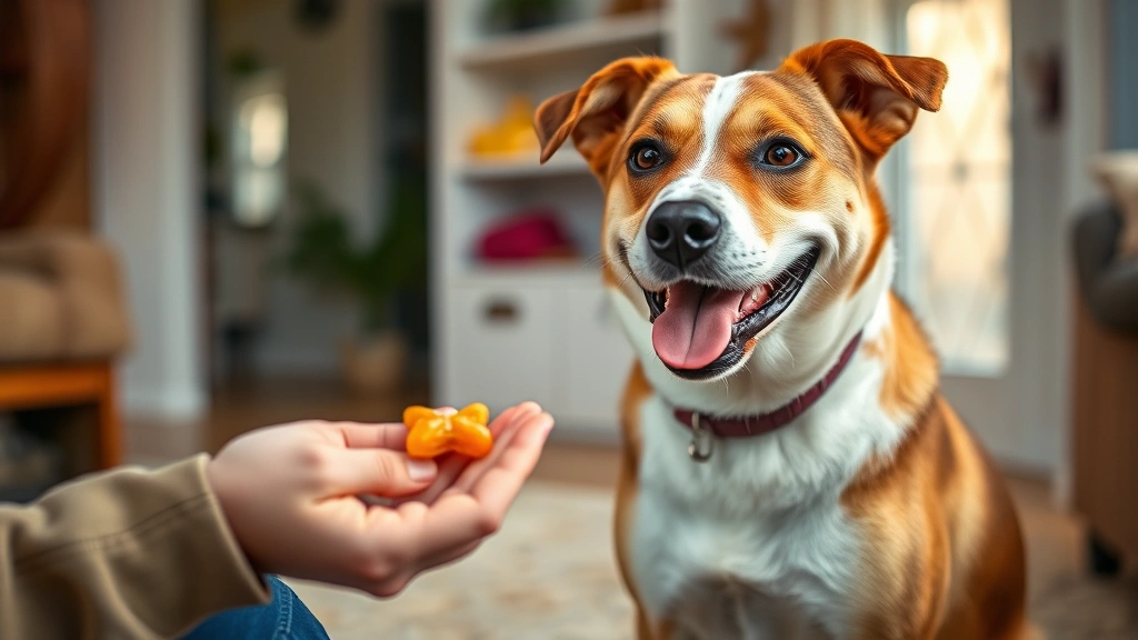 A medium-sized brown and white dog sitting obediently while owner holds out a single small anchovy fillet as a treat, warm home setting, joyful dog expression