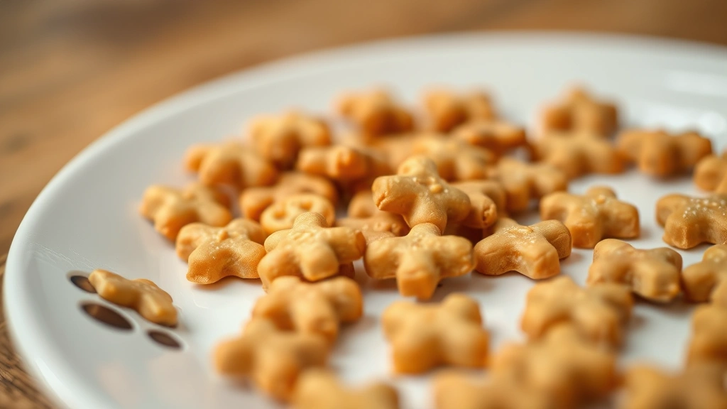 Close-up of animal crackers scattered on white plate with dog paw print visible at edge, shallow depth of field