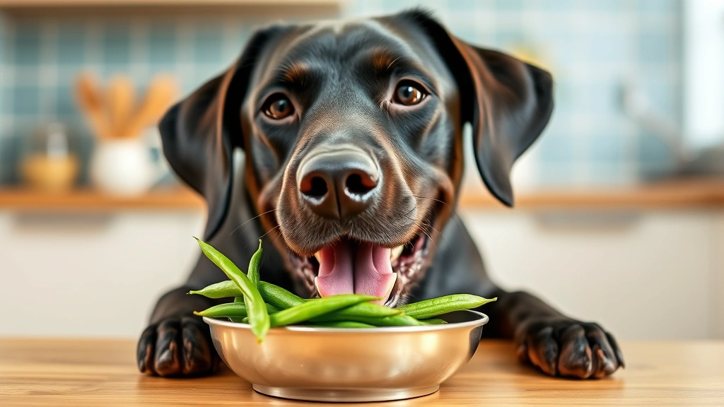 Happy Labrador dog eating fresh green beans from bowl, bright kitchen background, healthy treat alternative