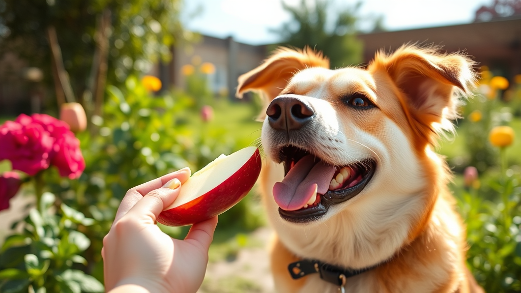 Happy dog eating apple slice from owner's hand in sunny garden setting, no text no words no letters