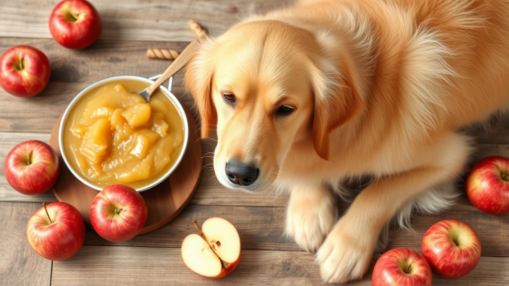 Golden retriever sitting next to bowl of fresh applesauce with whole red apples scattered around on wooden table, no text no words no letters