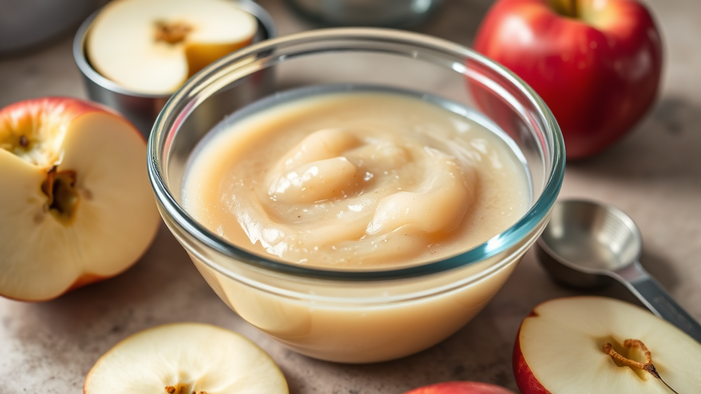 Close up of homemade plain applesauce in glass bowl with apple slices and measuring spoons on kitchen counter, no text no words no letters