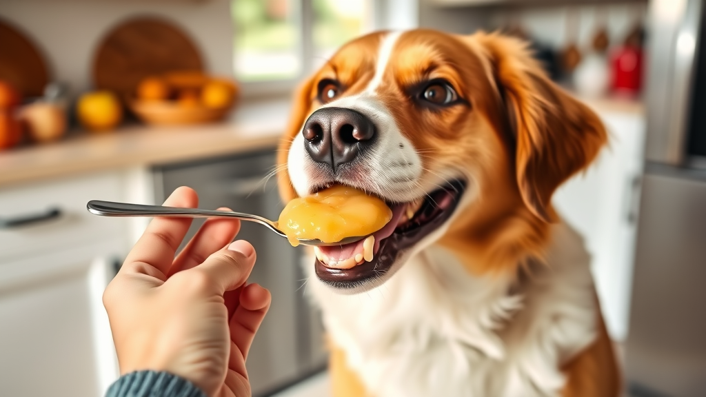 Happy dog eating small spoonful of applesauce from human hand in bright kitchen setting with apples visible, no text no words no letters