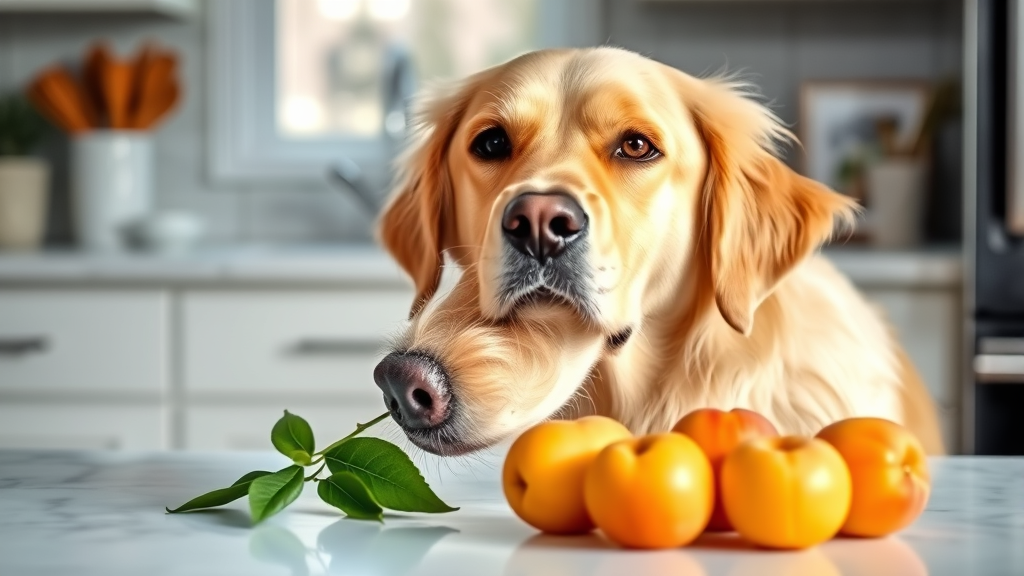Golden retriever looking curiously at fresh apricots on kitchen counter, natural lighting, no text no words no letters