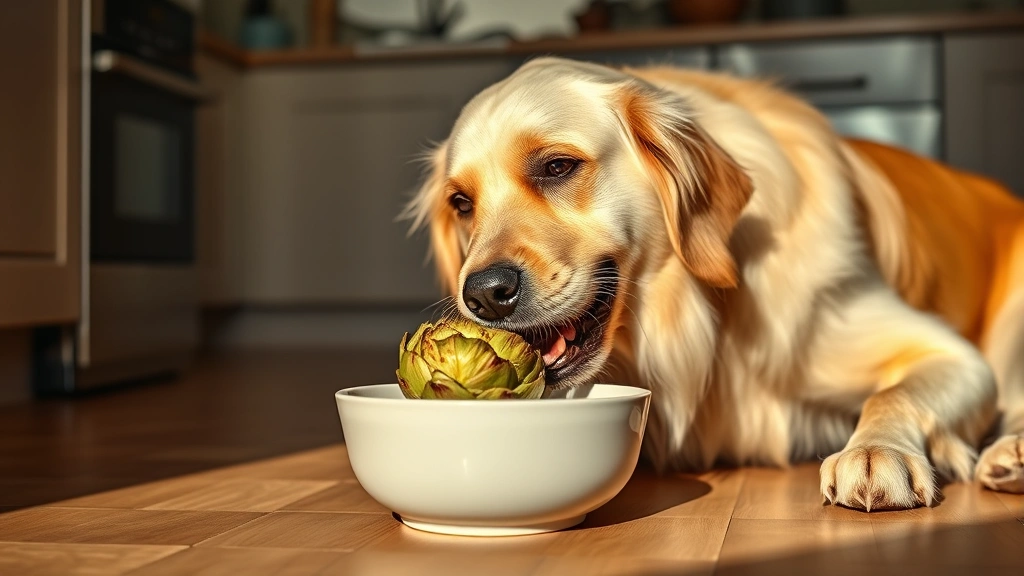 Golden Retriever happily eating a cooked artichoke heart from a ceramic bowl on a kitchen floor, warm natural lighting