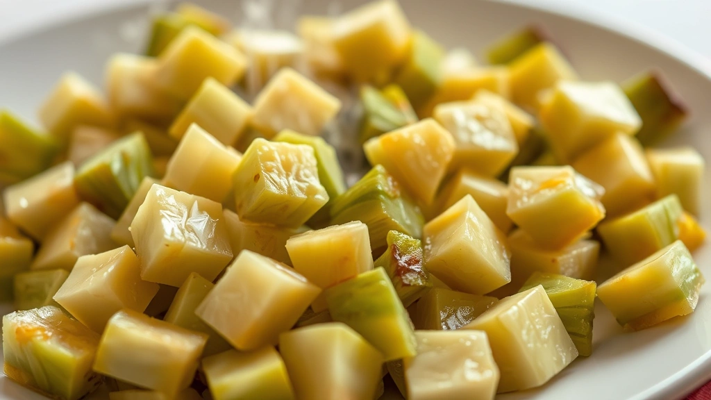 Close-up of freshly steamed artichoke hearts cut into small bite-sized pieces on a white plate, steam rising gently