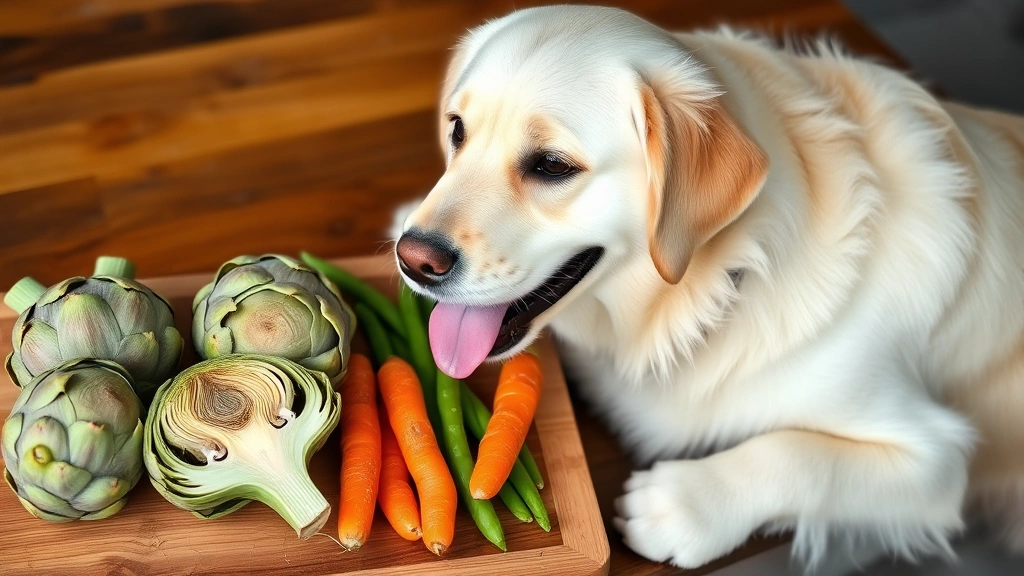 Fluffy Labrador with tongue out examining various fresh vegetables including artichokes, carrots, and green beans arranged on a wooden cutting board