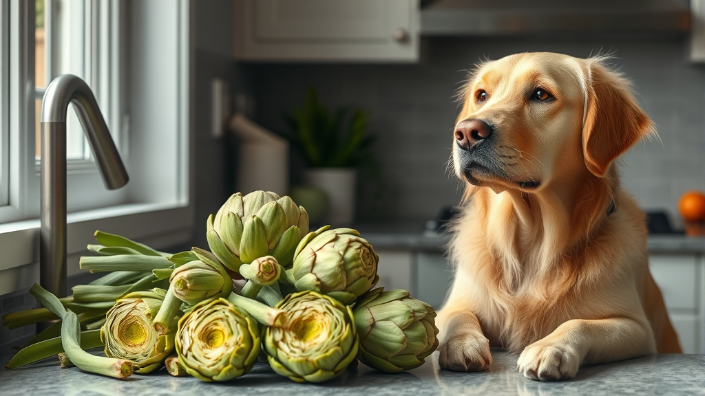 Golden retriever sitting beside fresh artichokes on kitchen counter, natural lighting, no text no words no letters