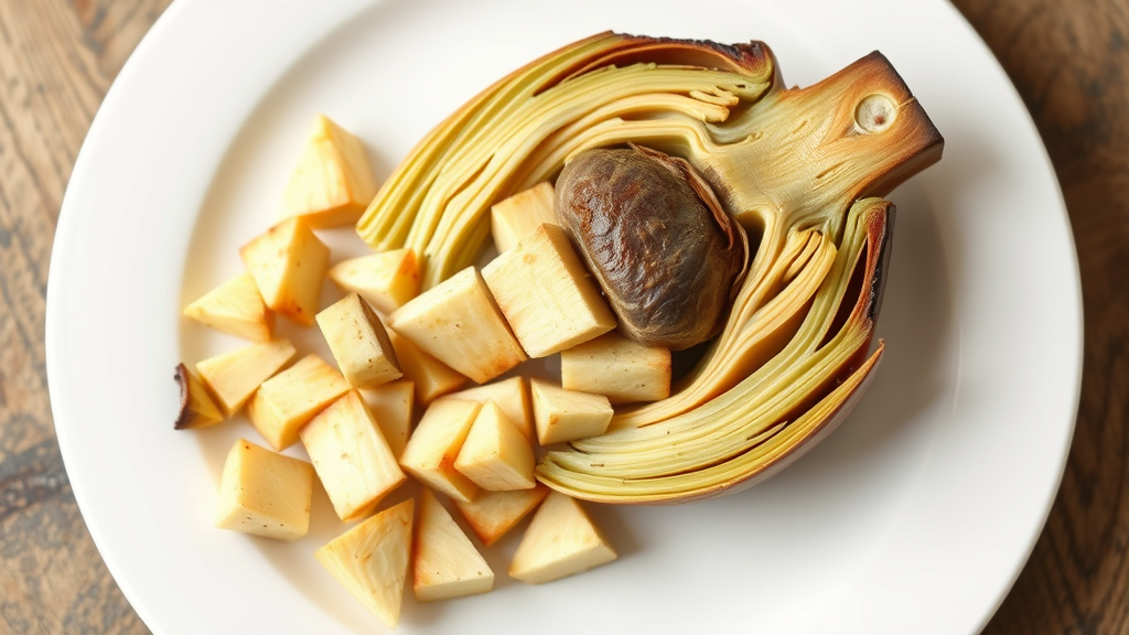 Cooked artichoke heart cut into small pieces on white plate, dog-safe preparation, no text no words no letters