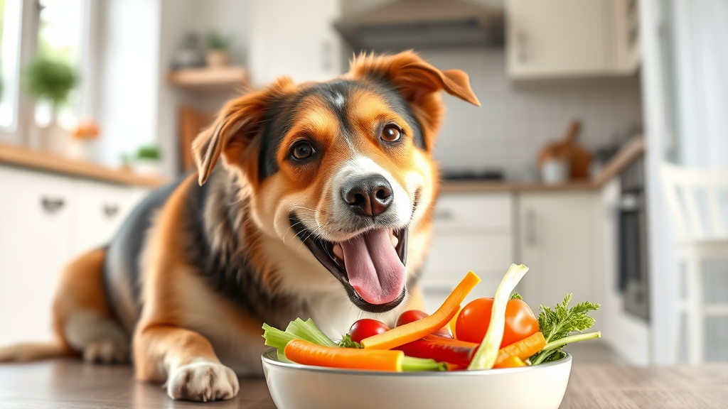 Happy dog eating healthy vegetables from bowl in bright kitchen, wholesome pet nutrition, no text no words no letters
