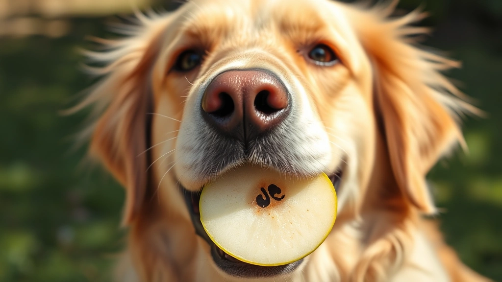 Close-up of a golden retriever holding a fresh Asian pear slice in its mouth, outdoors in natural sunlight