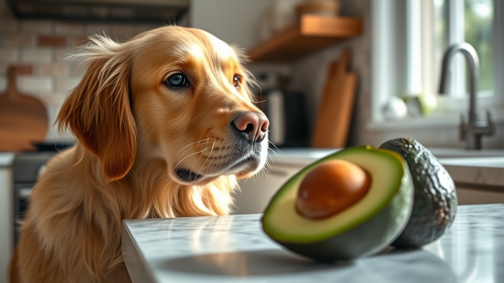 Curious golden retriever looking at fresh avocado on kitchen counter, bright natural lighting, no text no words no letters